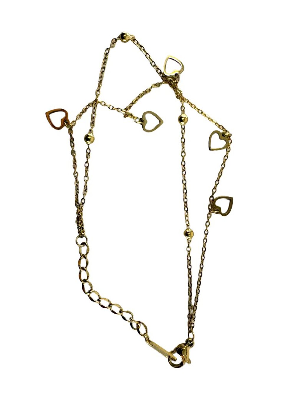 18K Gold Plated Stainless Steel Heart Charms Dainty Layered Chain Bracelet 2.37g